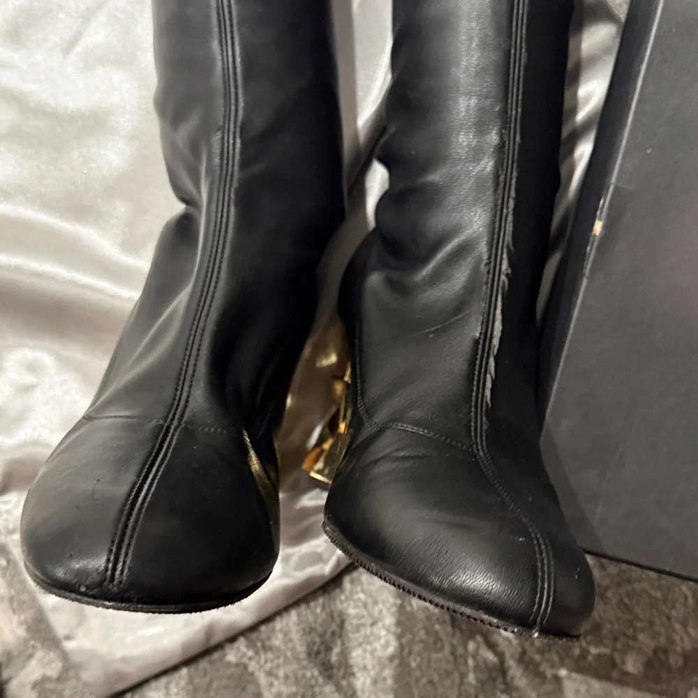 Giuseppe Zanotti Black Over-the-Knee Leather Boots with Sculpted Gold Heels